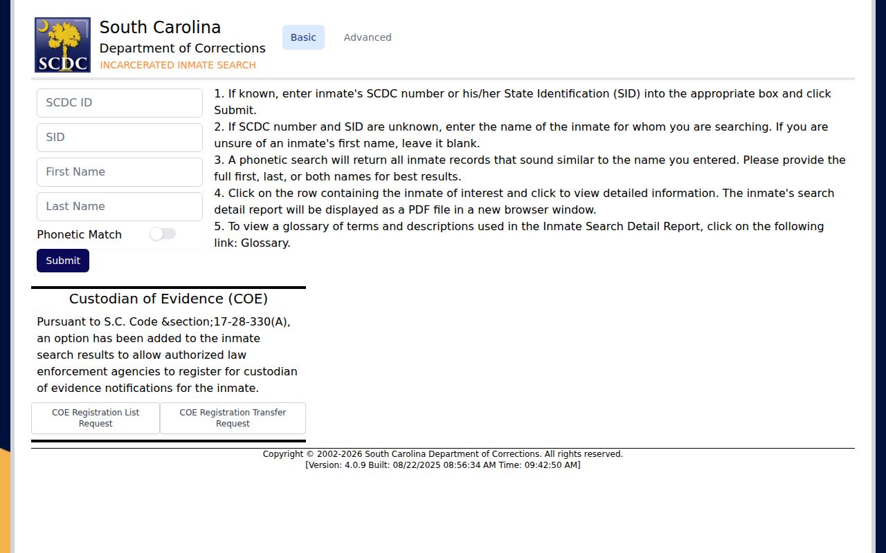 Fairfield County state prison offender-record search through SCDC